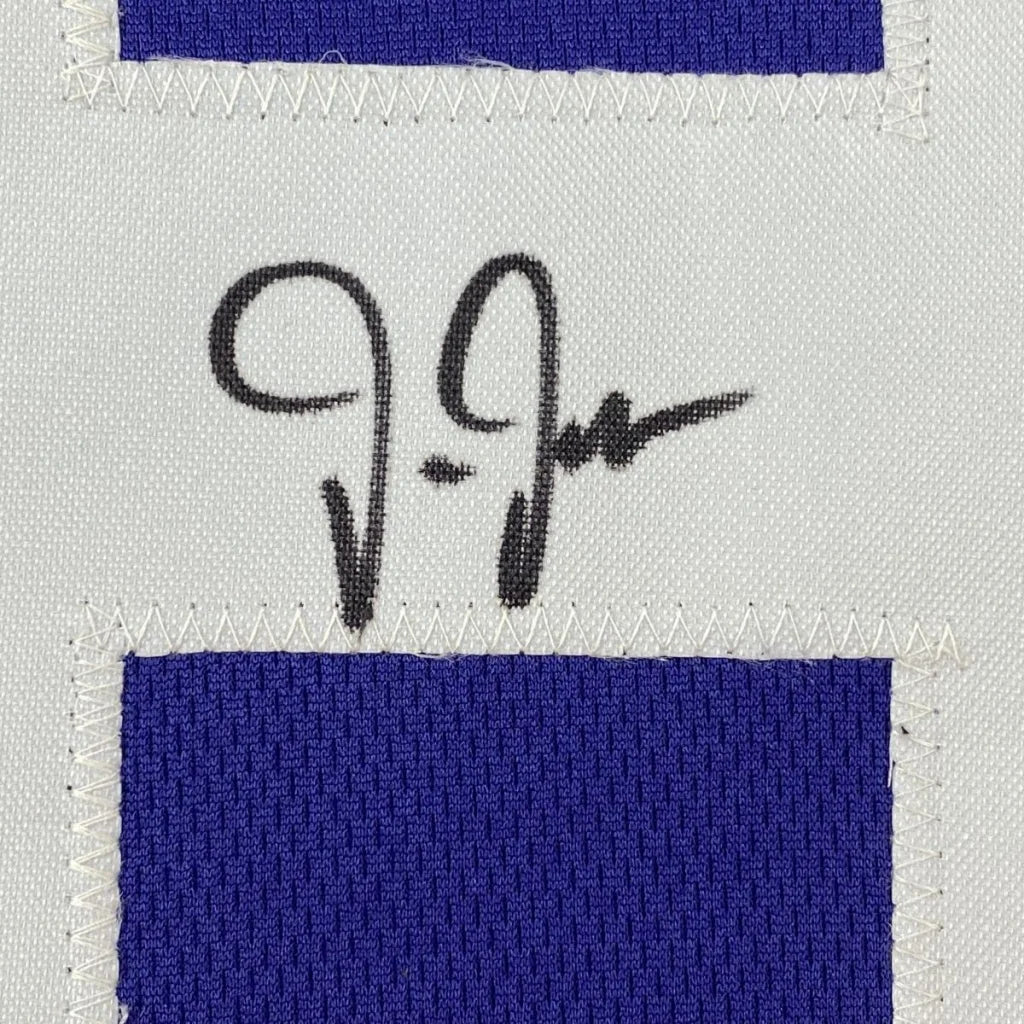 Autographed white and purple fabric swatch from Authentic Jefferson 18 custom jersey for professional sports league