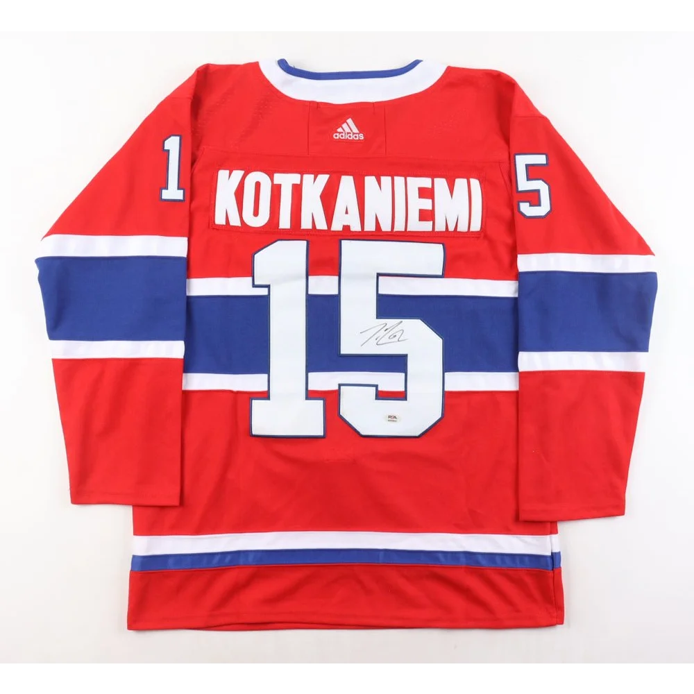 Red Jesperi Kotkaniemi Canadiens jersey with signature and number 15 for sale