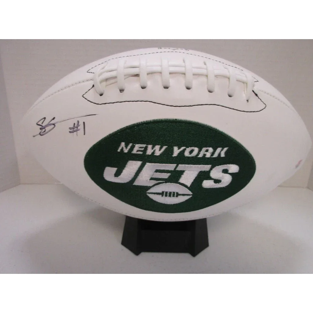 Autographed logo football with Jets signed autographed signature and certificate display