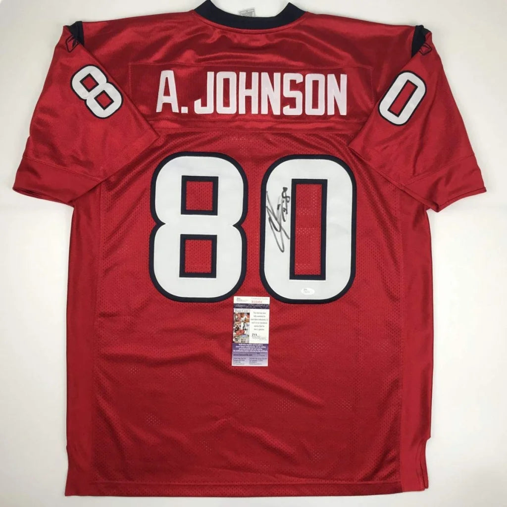 Red A Johnson 80 football jersey with signature and authentication for professional sports fans