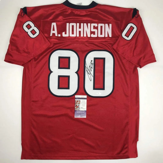 Red A Johnson 80 football jersey with signature and authentication for professional sports fans