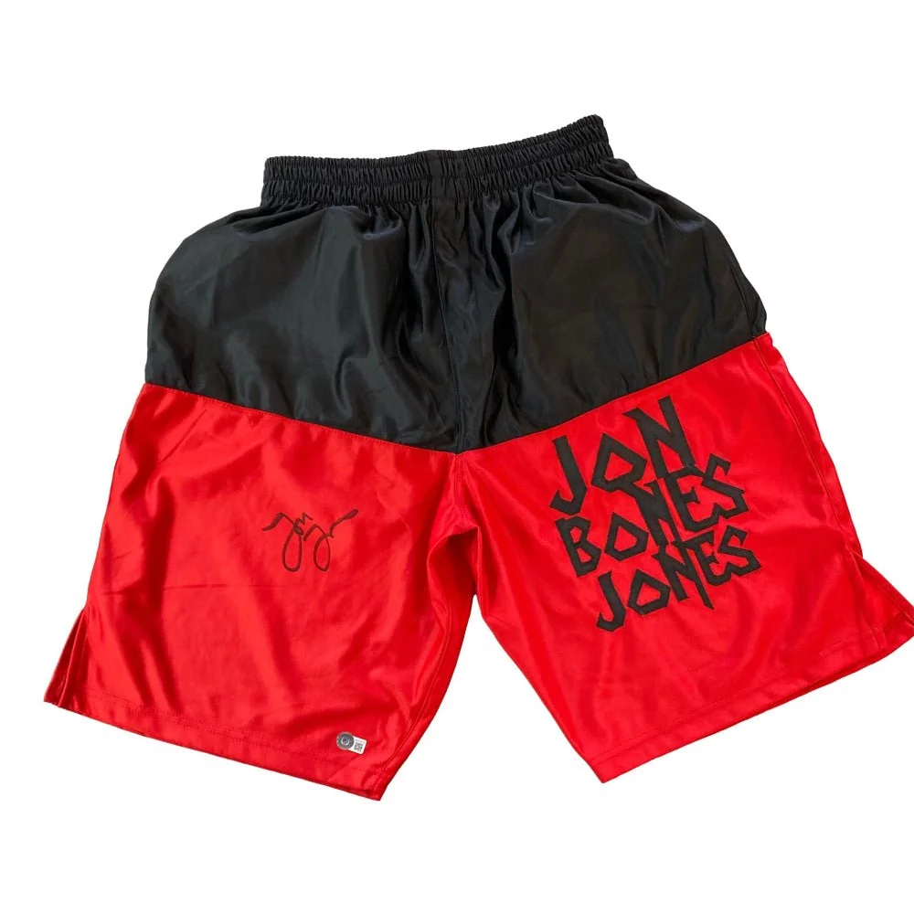 Red and black MMA trunks with elastic waistband from Jon Jones signed fight gear