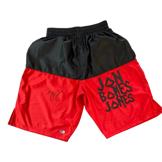 Red and black MMA trunks with elastic waistband from Jon Jones signed fight gear
