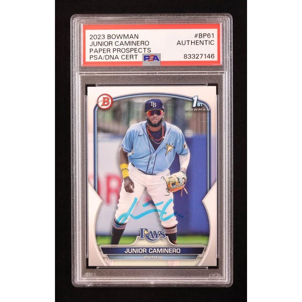 Slabbed 2023 Bowman Junior Caminero baseball card with authentic autograph in PSA slab