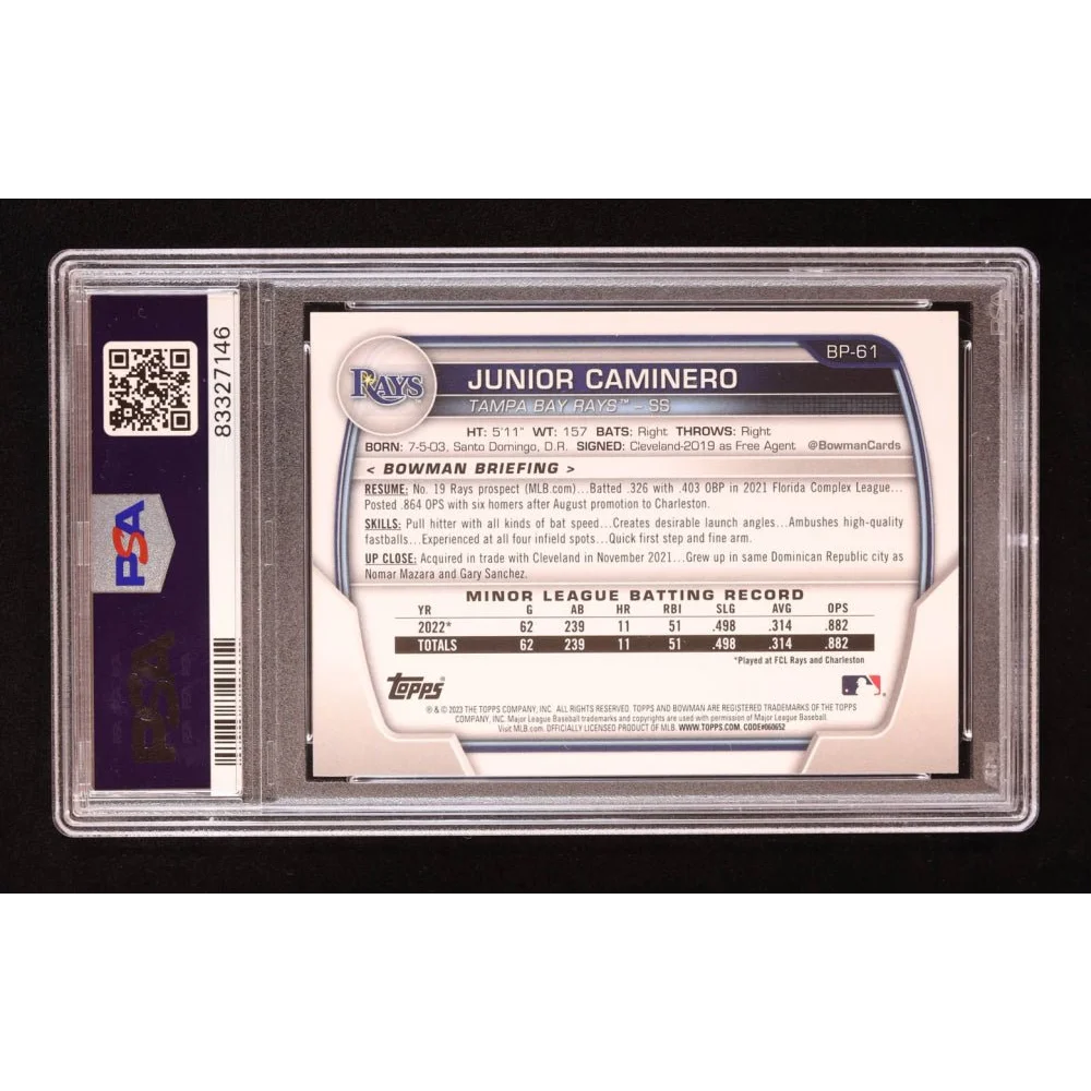 Encased Junior Caminero 2023 Bowman Baseball Card in PSA Slab for collectors