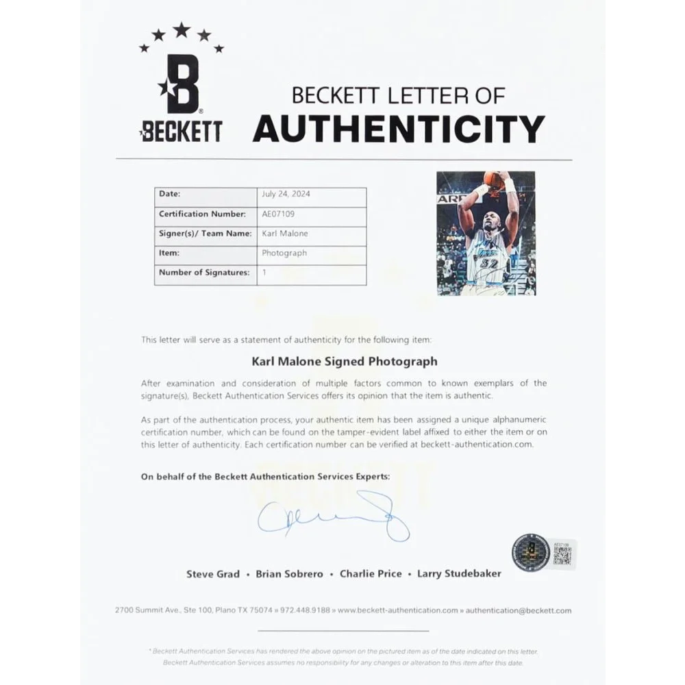 Beckett Letter of Authenticity for Karl Malone signed Jazz photo in product listing