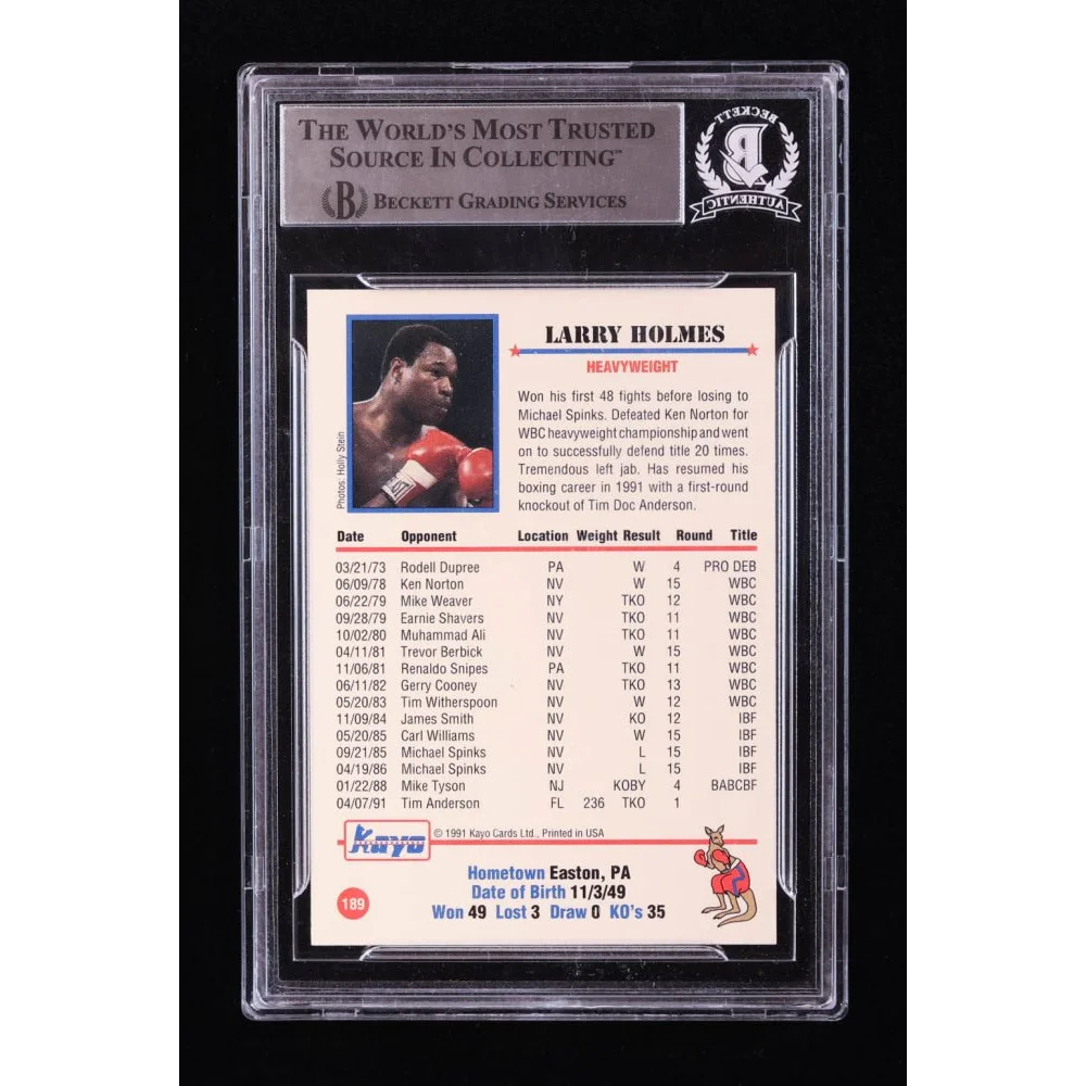 Authentic Larry Holmes Signed 1991 Kayo Boxing Card BGS Graded, collectible larry holmes memorabilia