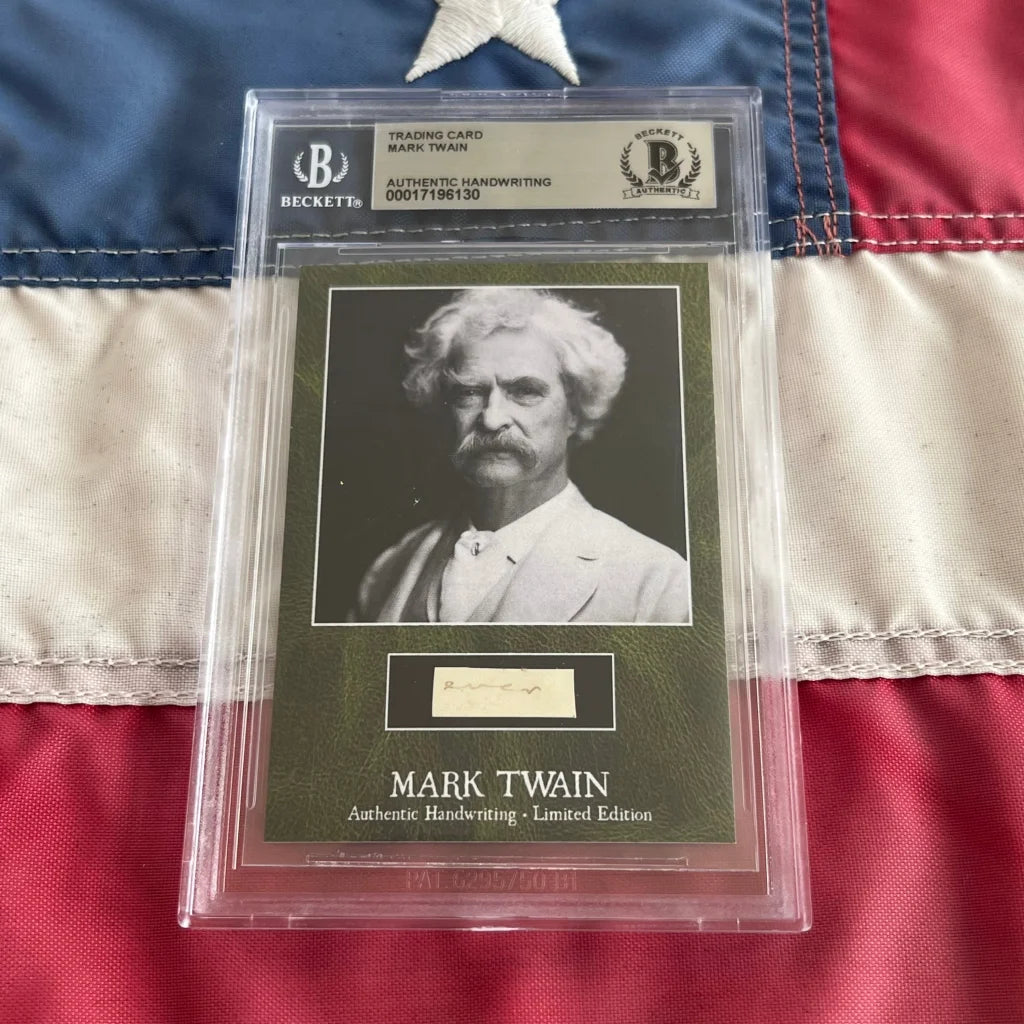 Encased Mark Twain trading card with authentic handwriting from the Adventures collection