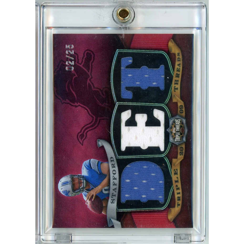 Authentic Matthew Stafford Lions Triple Threads football card with jersey patches