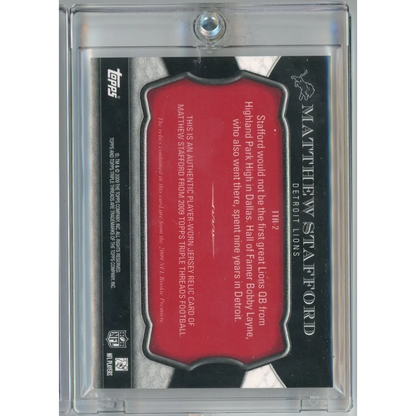 Authentic Matthew Stafford Lions Triple Threads Jersey Card in a protective case