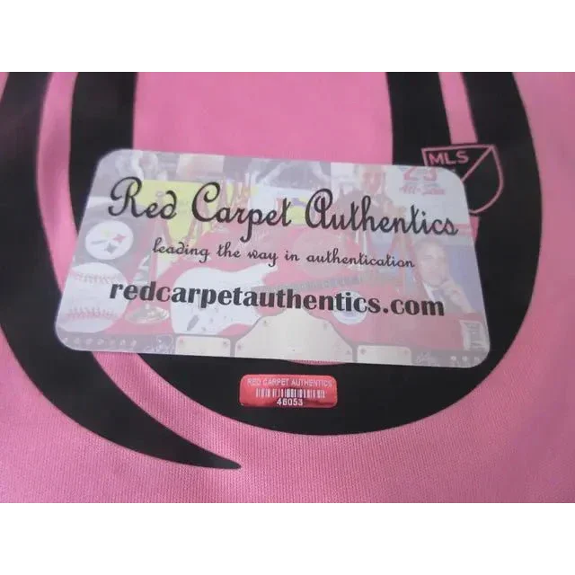 Pink and black Messi Inter Miami signed jersey with RCA COA sticker for collectors