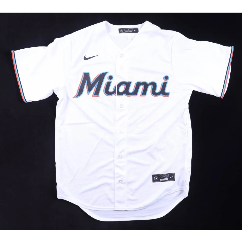 White Miami baseball jersey with striped cuffs signed by Miguel Cabrera