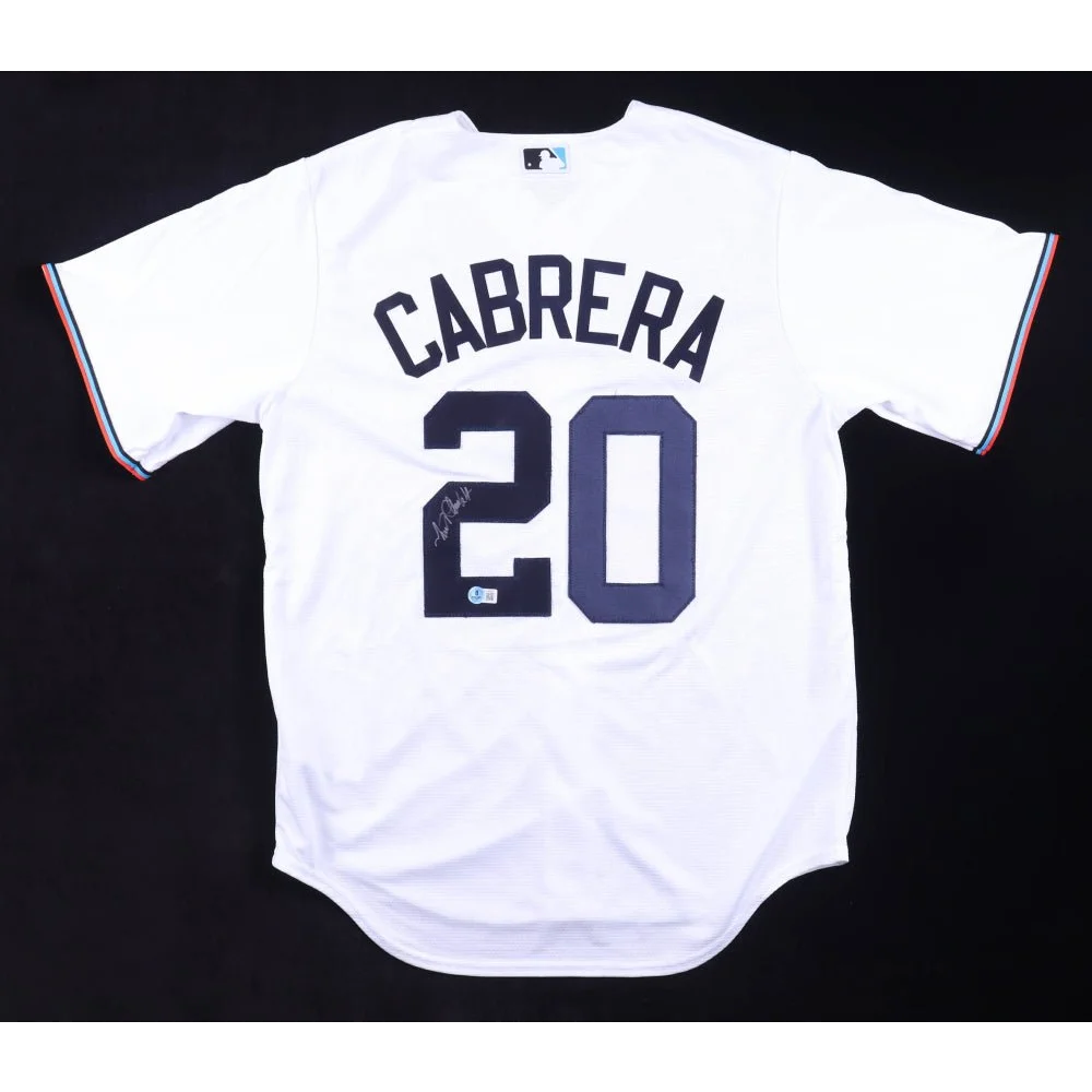 White Miguel Cabrera signed Miami baseball jersey with Cabrera 20 on back