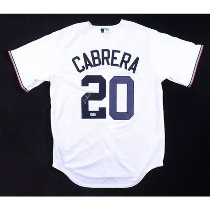 White Miguel Cabrera signed Miami baseball jersey with Cabrera 20 on back