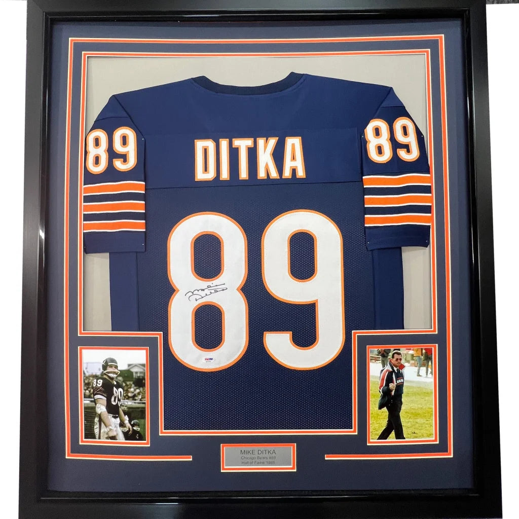 Framed autographed Chicago Bears Mike Ditka #89 jersey with photos and nameplate