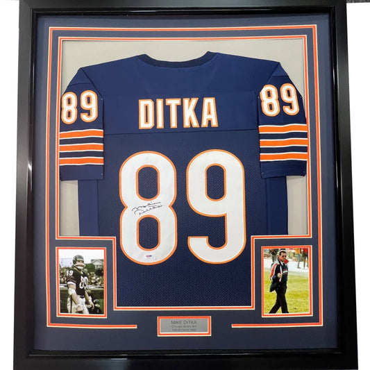 Framed autographed Chicago Bears Mike Ditka #89 jersey with photos and nameplate