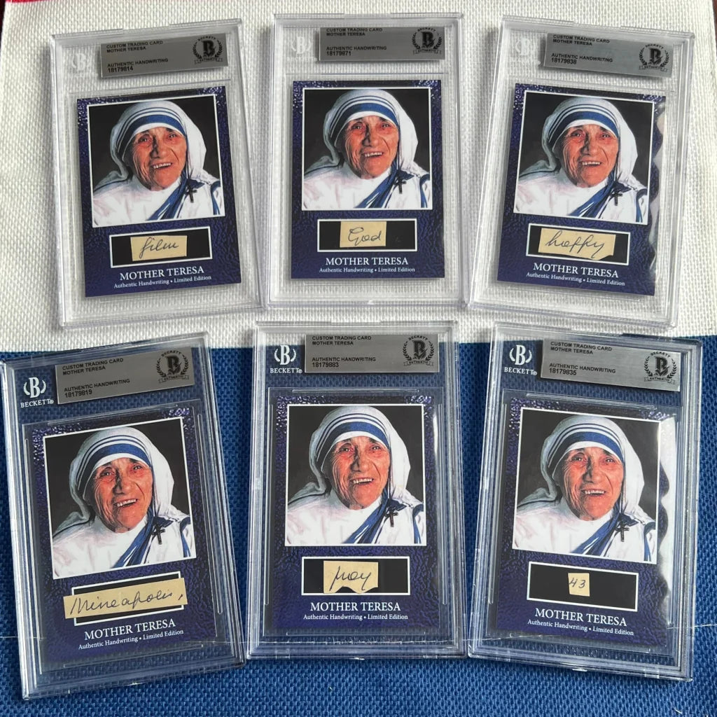 Six graded Mother Teresa handwritten word trading cards from authentic Teresa words collection