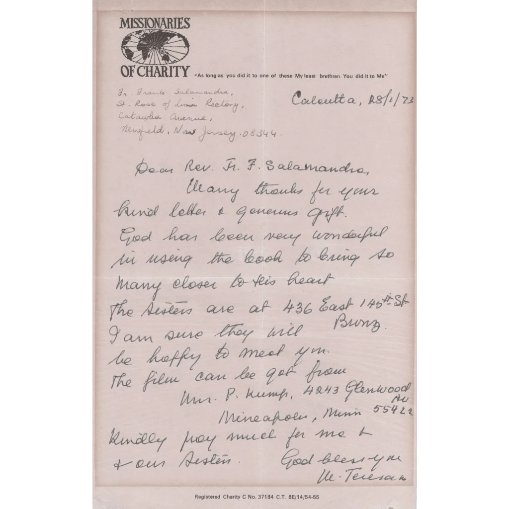 Authentic Mother Teresa handwritten word on beige paper for Teresa words trading cards