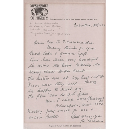 Authentic Mother Teresa handwritten word on beige paper for Teresa words trading cards