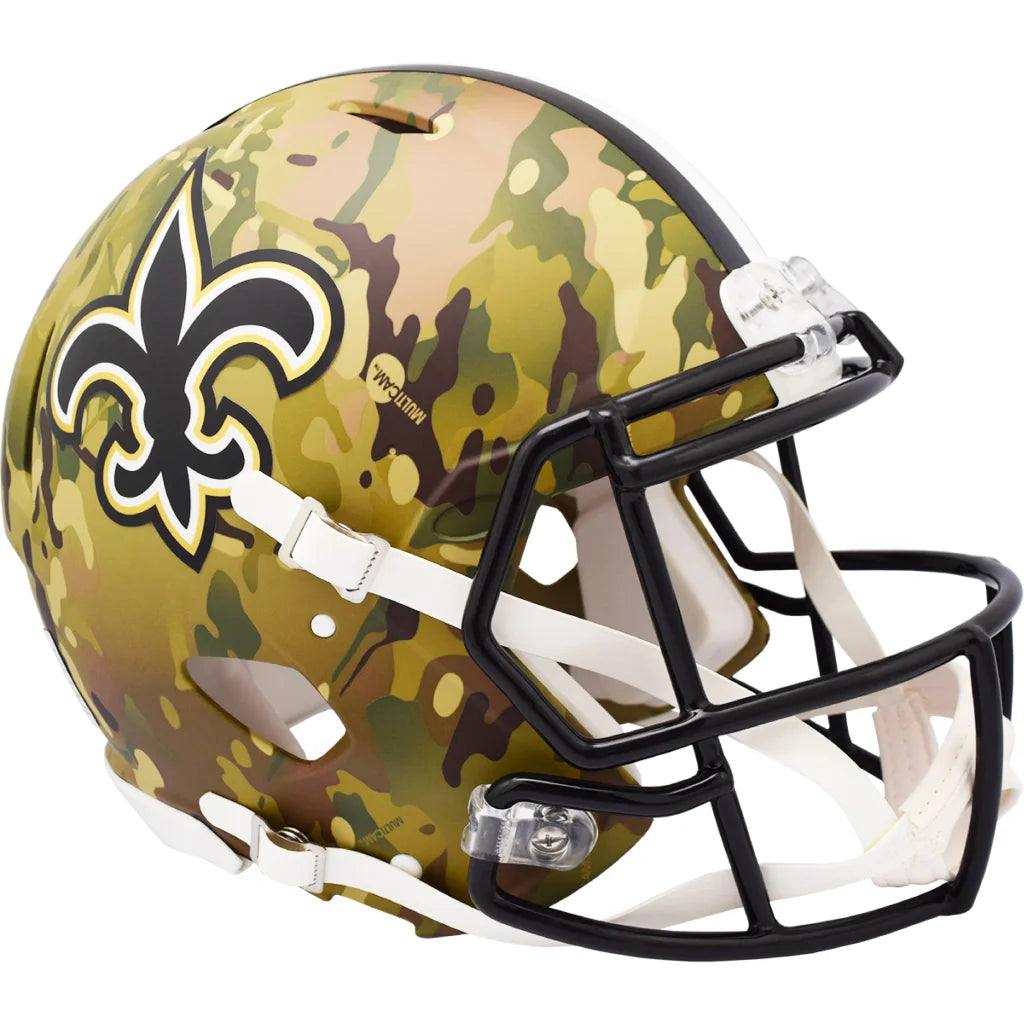 Authentic New Orleans Saints camo helmet with fleur-de-lis logo