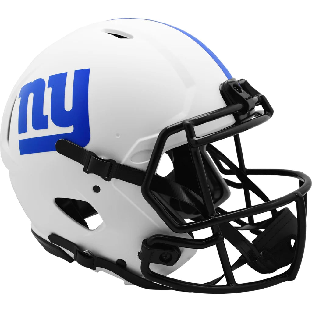White and blue New York Giants lunar helmet with black face mask