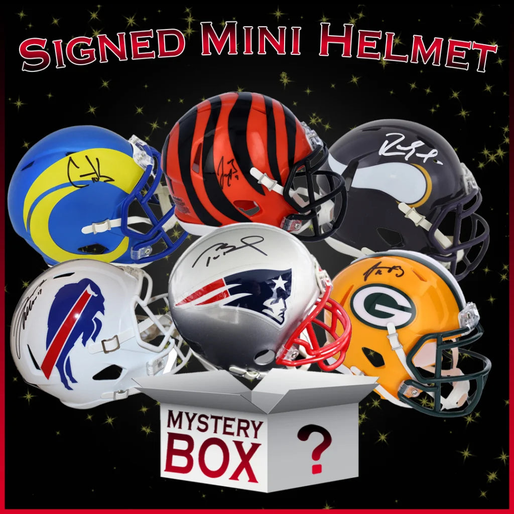 Six signed NFL football mini helmets with a mystery box including Jerry Rice and stars