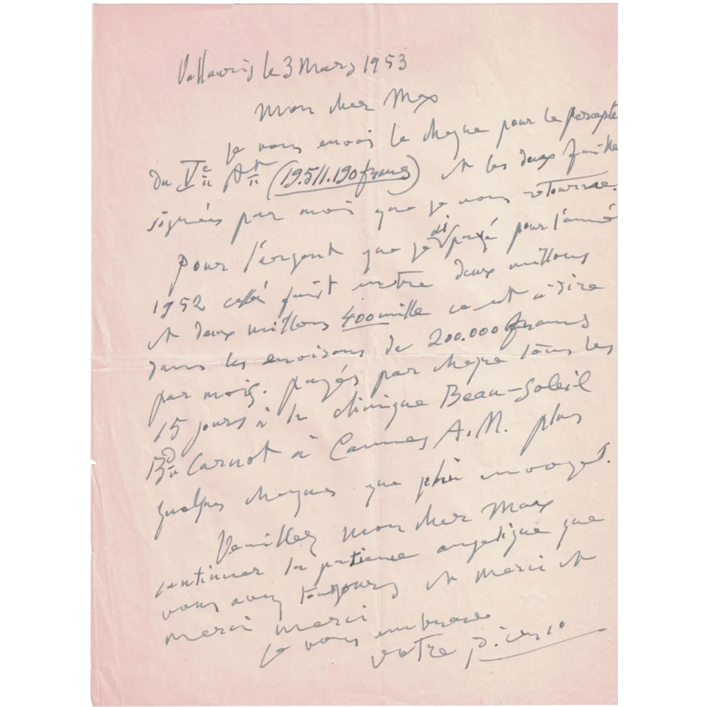 Authentic Pablo Picasso handwritten letter on aged paper for trading card collection