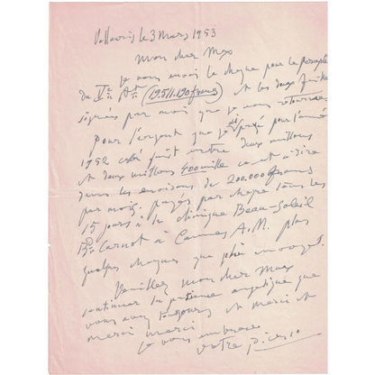 Authentic Pablo Picasso handwritten letter on aged paper for trading card collection