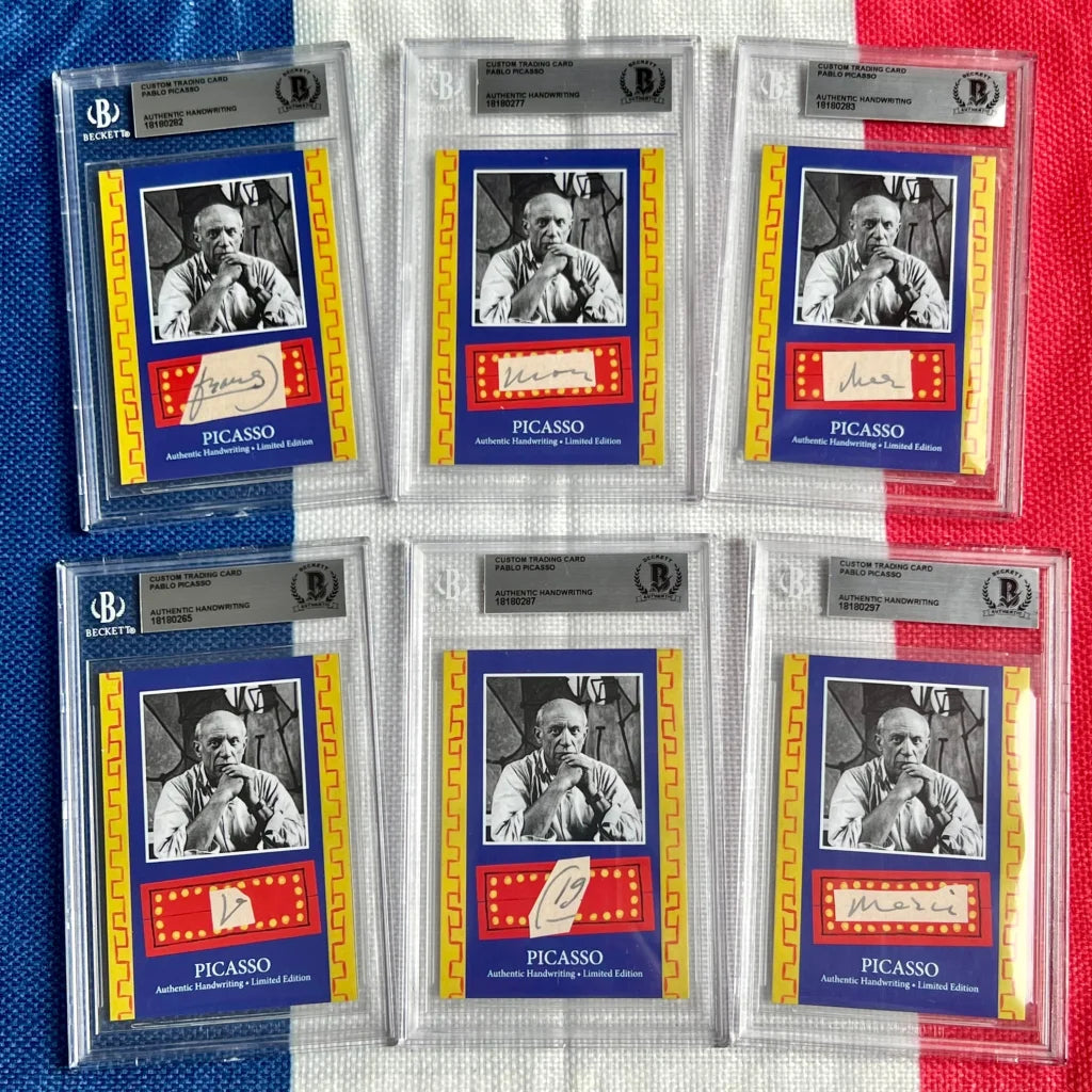 Six graded Pablo Picasso trading cards from the Authentic Pablo Picasso Handwriting Collection