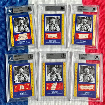 Six graded Pablo Picasso trading cards from the Authentic Pablo Picasso Handwriting Collection