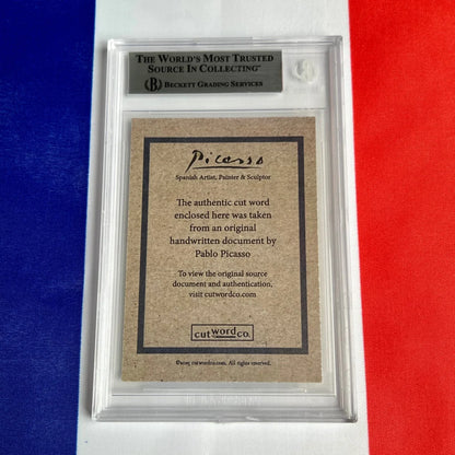 Authentic Pablo Picasso handwriting trading card featuring a framed cut-word from his document