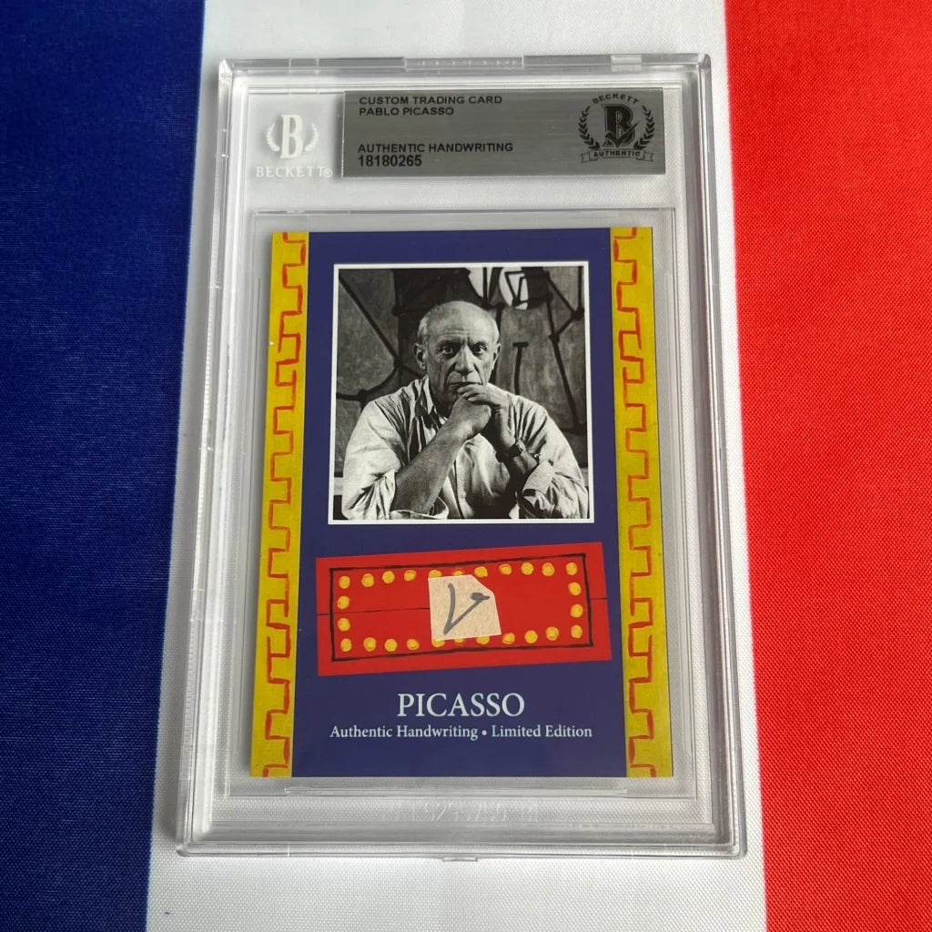 Authentic Pablo Picasso trading card with black and white portrait and handwriting