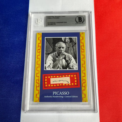 Authentic Pablo Picasso trading card with handwriting sample in protective case for collectors