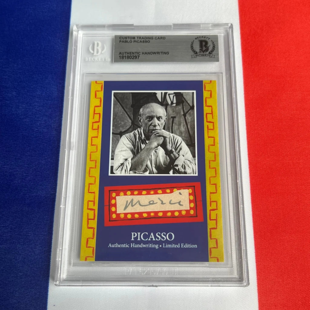 Authentic Pablo Picasso handwriting trading card with black and white portrait and Merci note