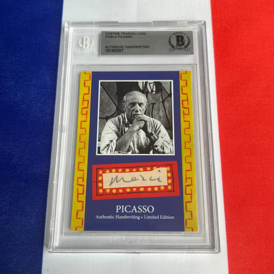 Authentic Pablo Picasso handwriting trading card with black and white portrait and Merci note