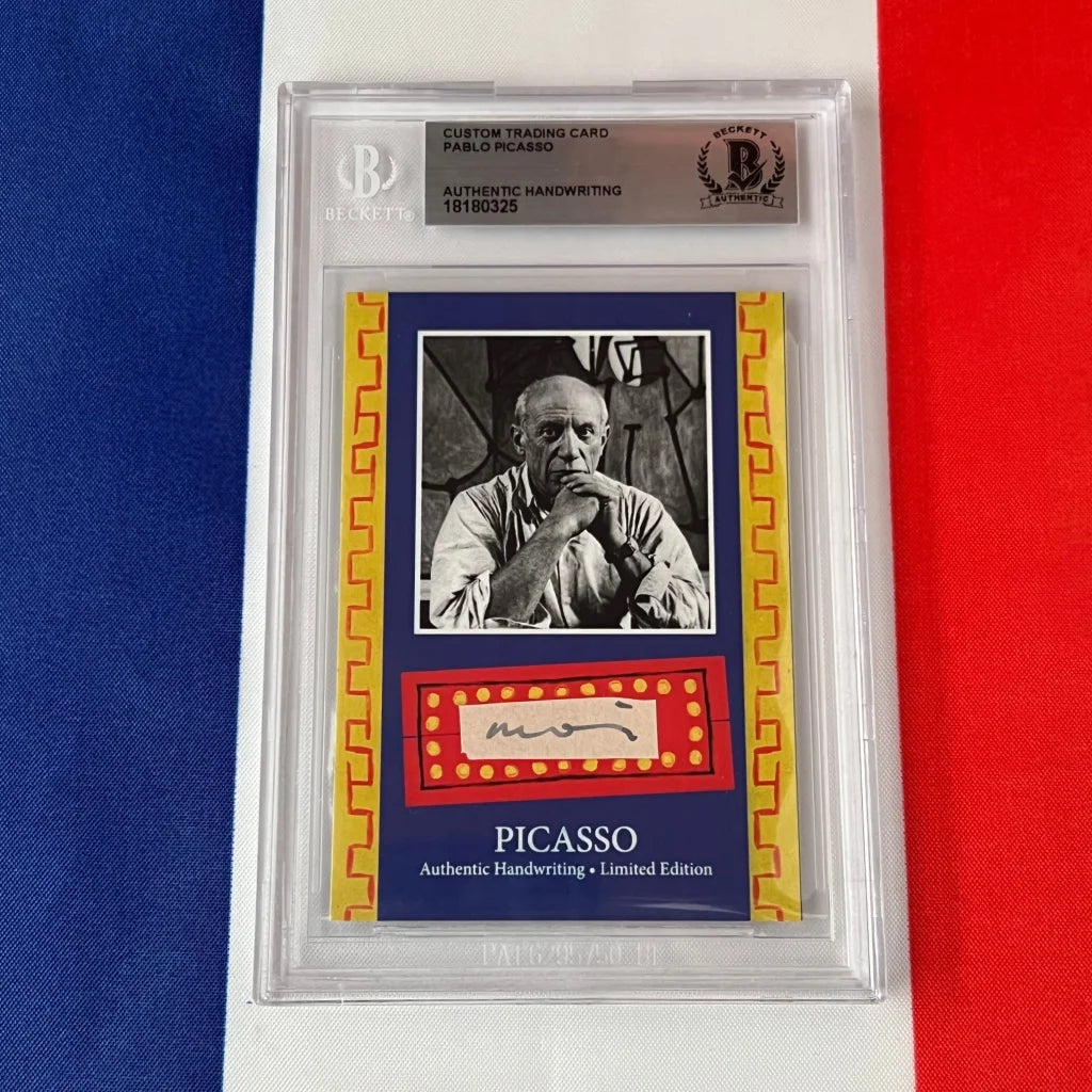 Authentic Pablo Picasso handwriting trading card with black and white photo, gold border, red accents, Beckett Authentication Services