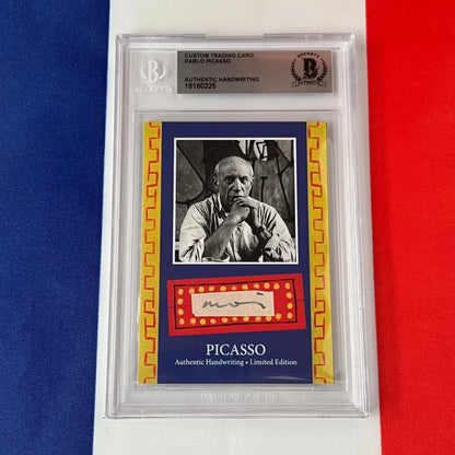 Authentic Pablo Picasso handwriting trading card with black and white photo, gold border, red accents, Beckett Authentication Services