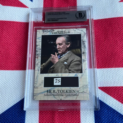 A framed custom trading card featuring john ronald reuel tolkien in a tweed suit with tolkien’s handwriting and limited edition details
