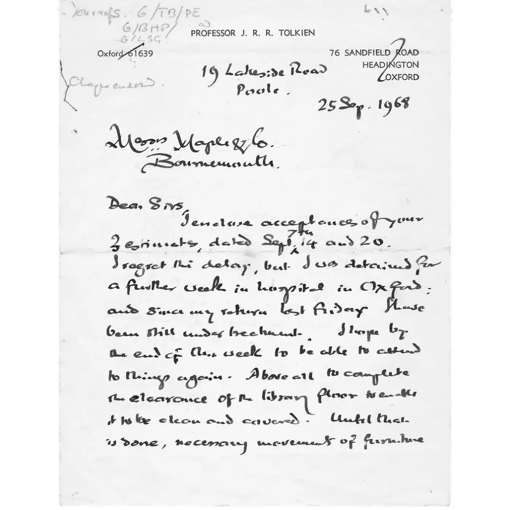 Authentic piece of Tolkiens handwriting with 19 Lakeside Road Poole in encapsulated word dropdown menu