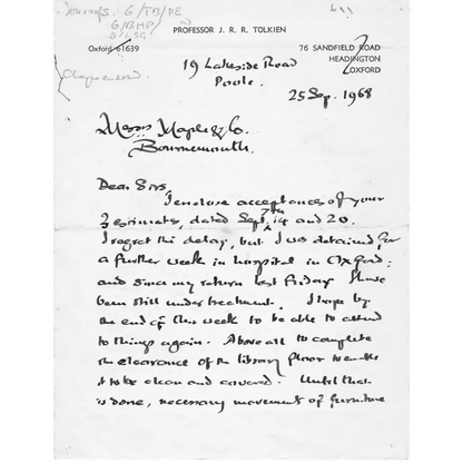 Authentic piece of Tolkiens handwriting with 19 Lakeside Road Poole in encapsulated word dropdown menu