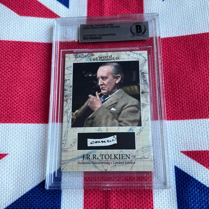 A framed custom trading card featuring a portrait of j.r.r. tolkien with authentic tolkien’s handwriting collectible