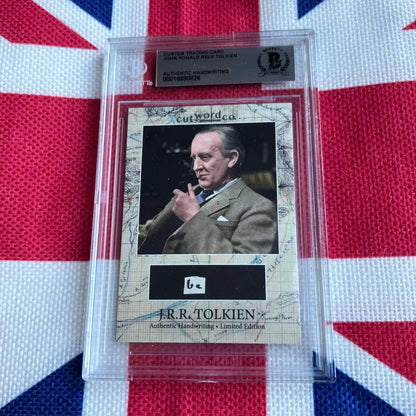 A framed custom trading card of jrr tolkien featuring an encapsulated word from tolkien’s handwriting collectible