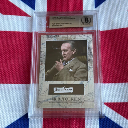 A framed custom trading card with a sepia portrait of jrr tolkien featuring authentic tolkien’s handwriting collectible