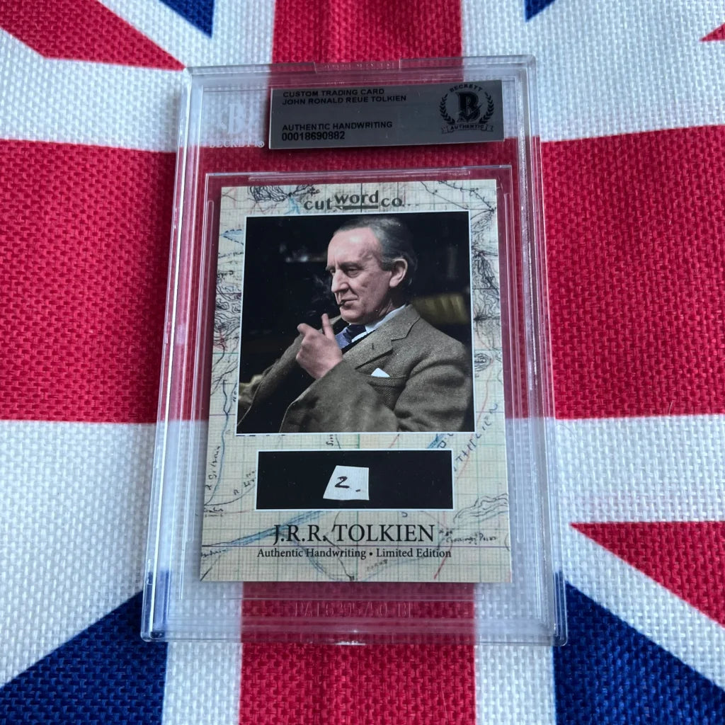 A framed collectible trading card featuring j r r tolkien with authentic tolkien’s handwriting and encapsulated word