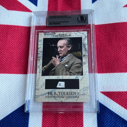 A framed collectible trading card featuring j r r tolkien with authentic tolkien’s handwriting and encapsulated word