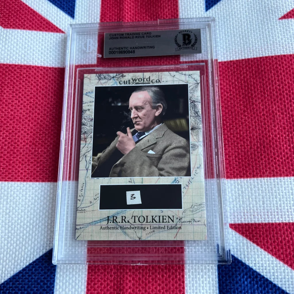 A framed custom trading card featuring jrr tolkiens portrait and authentic piece of tolkien’s handwriting collectible