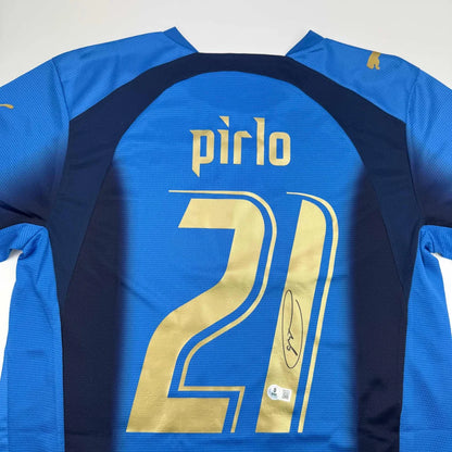 Blue soccer jersey with Pirlo 21 gold lettering, signed and comes with a certificate