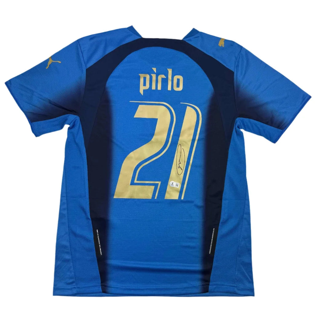 Blue soccer jersey with Pirlo 21 in gold lettering, part of Authentic Pirlo 21 Signed Jersey with Certificate