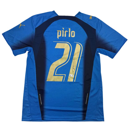 Blue soccer jersey with Pirlo 21 in gold lettering, part of Authentic Pirlo 21 Signed Jersey with Certificate