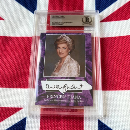 A purple-bordered princess diana handwritten letter trading card in protective packaging featuring an authentic signature